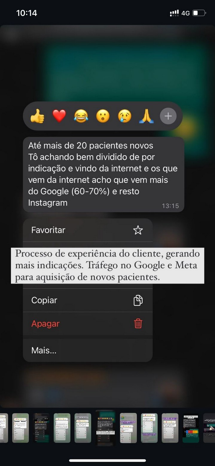 Print de conversa: cliente relata 60% a 70% dos pacientes vindos do Google